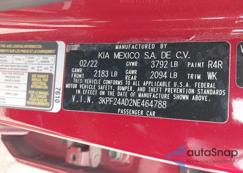 2022 Kia Forte Lxs from USA, damaged, VIN 3KPF24AD2NE464788